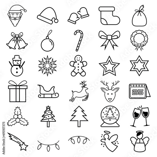 30 Black Outline Christmas Icons - Santa Claus, Hat, Gloves, Boot, Bag, Gift Box, Sleigh, Reindeer, Bells, Trees, Snow, Stars, Angels and other decorations.