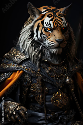 An armored tiger strikes an adorable pose in this unique portrait, combining fantasy and charm in a delightful stock photo. © Людмила Мазур