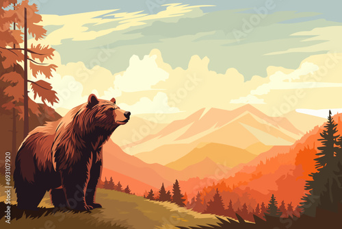 Grizzly bear in a beautiful forest against the backdrop of high mountains. Stunning wildlife landscape with a bear. Vector illustration for design, poster, banner, card, cover. photo
