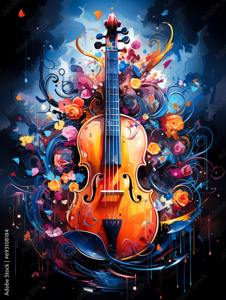 Violin and flowers on a dark background, music poster design.