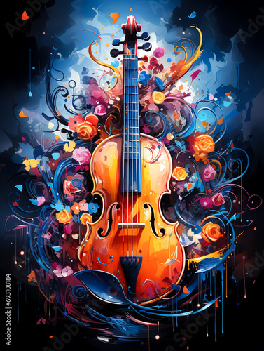 Violin and flowers on a dark background, music poster design.