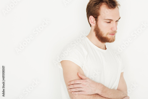 Thinking, white background and man with thoughtful, contemplation and brainstorming ideas. Fashion, problem solving and isolated person in trendy clothes, style and outfit with choice or decision