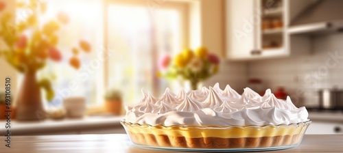 Homemade lemon meringue pie and lemon desserts in a kitchen with blurred background for copy space