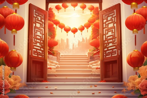 Chinese illustration. Stairs in asian new year or spring entry realistic greeting poster, red lanterns, curtains traditional festive china lunar calendar photo