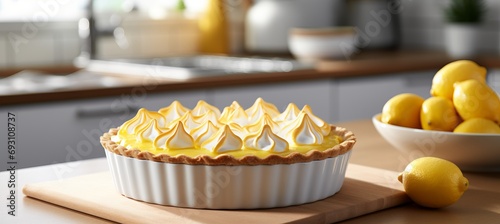Homemade lemon meringue pie and lemon desserts in a kitchen with defocused background and copy space