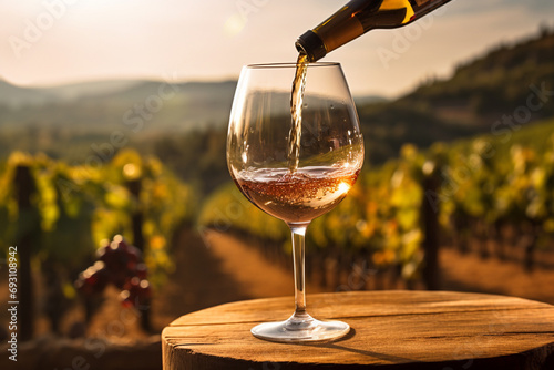 Photo of a wine glass and wine being poured over a wine barrel, with a blurred vineyard in the background