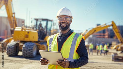 Civil engineer african american man wearing hard hat and smiling holding a tablet, construction site background, happy positive manager or contractor, heavy machinery, hd
