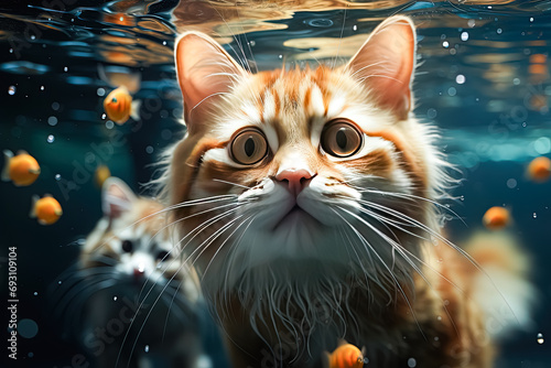 Feline aquatics, Captivating stock photo of a cat underwater in an aquarium, blending curiosity and wonder in a whimsical and unique visual moment.