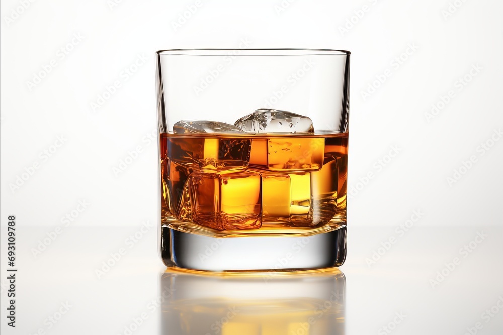 Whisky glass on white background with ample copy space for branding and text placement