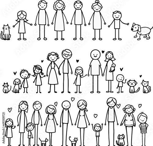 Custom Vector Stick Figure Family - Individually grouped and interchangeable stick figure set of family grandparents, parents, kids, children, teenagers, pets and hearts in hand-drawn style