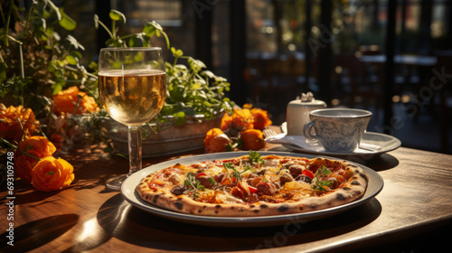 Fototapeta Naklejka Na Ścianę i Meble -  A delicious and tasty Italian pizza with tomatoes and mozzarella on a beautifully served table.