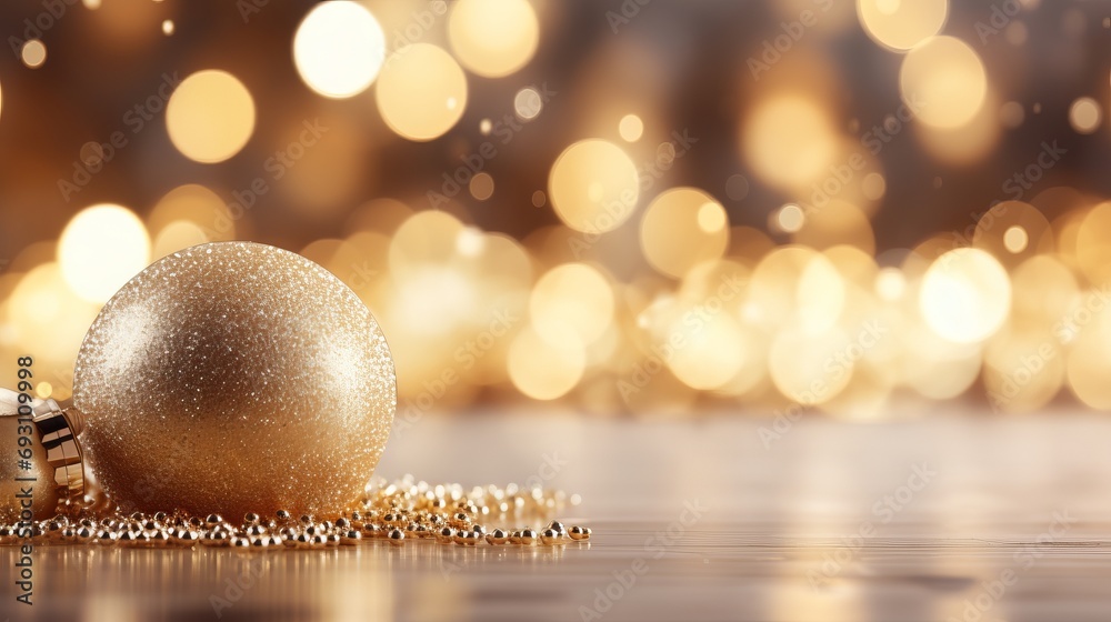 Fototapeta premium Golden christmas tree with gold baubles and sparkling lightsfestive banner with magical atmosphere