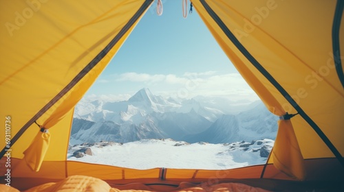 Camping in yellow tent open with sunrise on snowy mountain, Tourist journey trip concept, generative ai photo