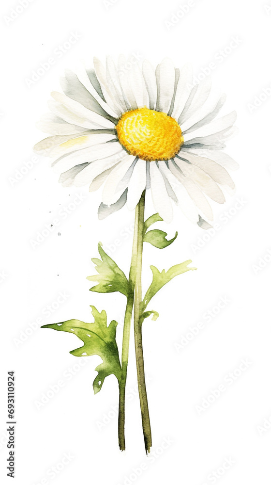 watercolor drawing small daisies, white sheet, paper texture, empty white background watercolor drawing small daisies, white sheet, paper texture, empty white background