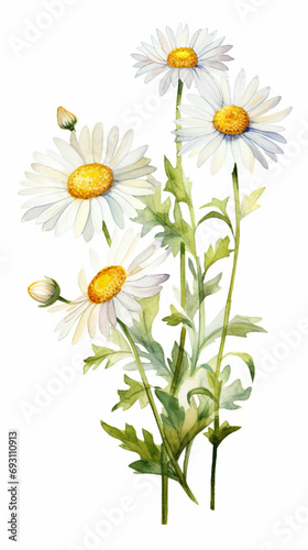 watercolor drawing small daisies  white sheet  paper texture  empty white background