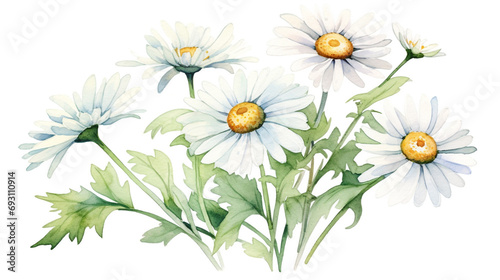 watercolor drawing small daisies  white sheet  paper texture  empty white background