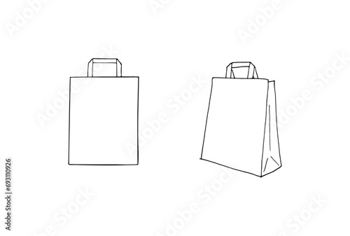 Delivery paper bags set. Sketch of paper bag for grocery shopping. Lunch package. Delivery paper bag with handles. Vector hand-drawn illustration isolated on white background.
