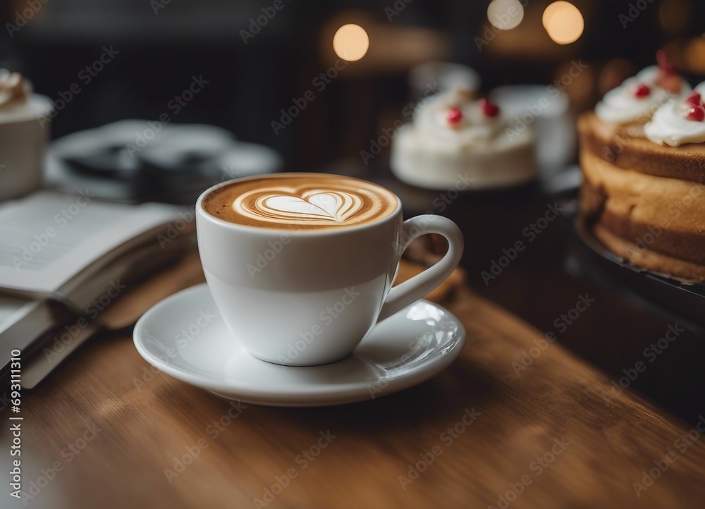 Close up white coffee cup with heart shape latte art on wood tab
Close up white coffee cup with heart shape latte art on wood tab