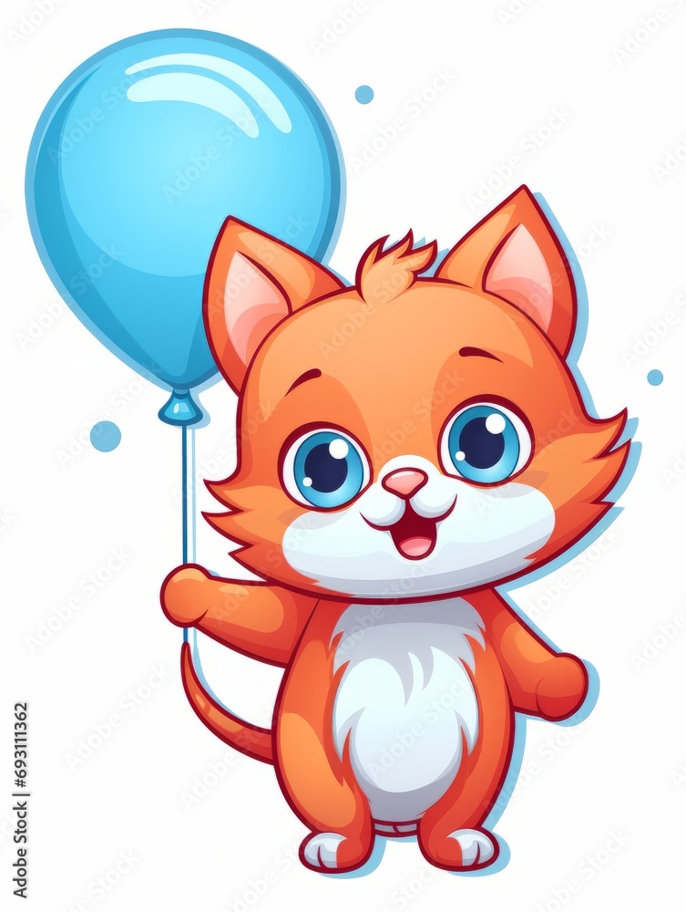 Cartoon sticker cute kitten with blue balloon, AI Cartoon sticker cute kitten with blue balloon, AI