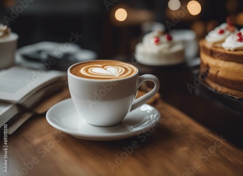 Close up white coffee cup with heart shape latte art on wood tab 