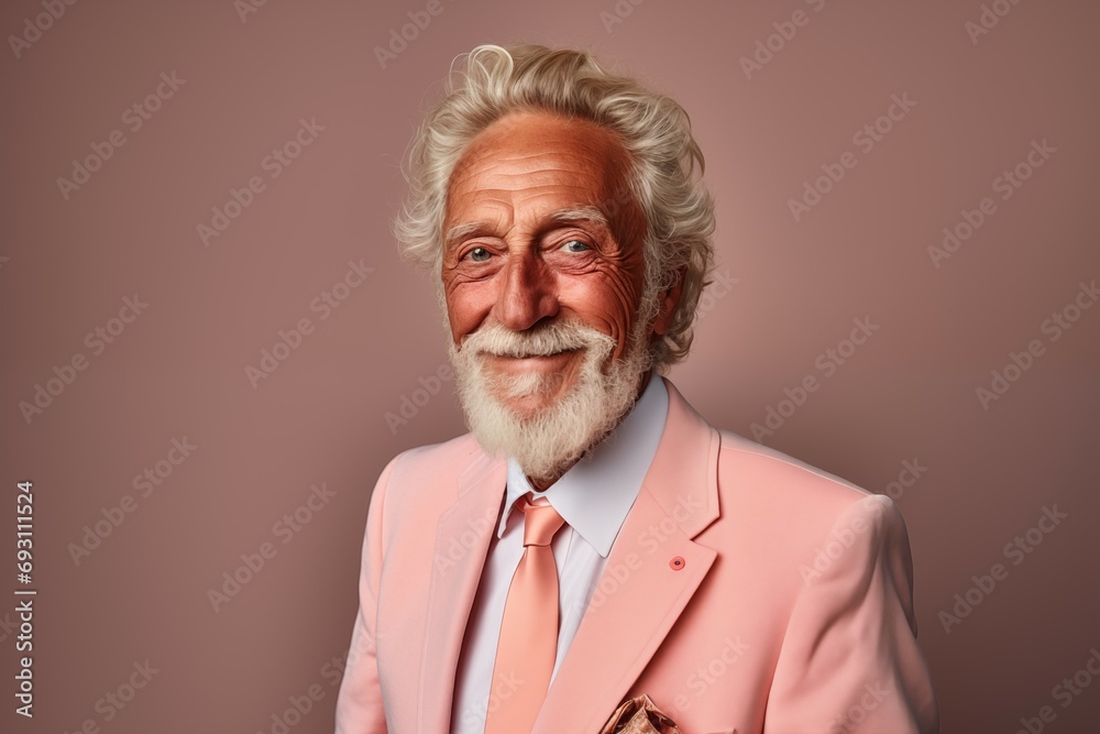 Elegant Caucasian Senior Man in Peach Fuzz Suit on Studio Background