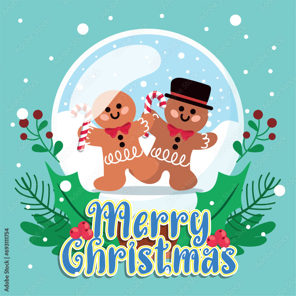 Naklejka premium Cute christmas card with gingerbread characters within a crystal ball Vector