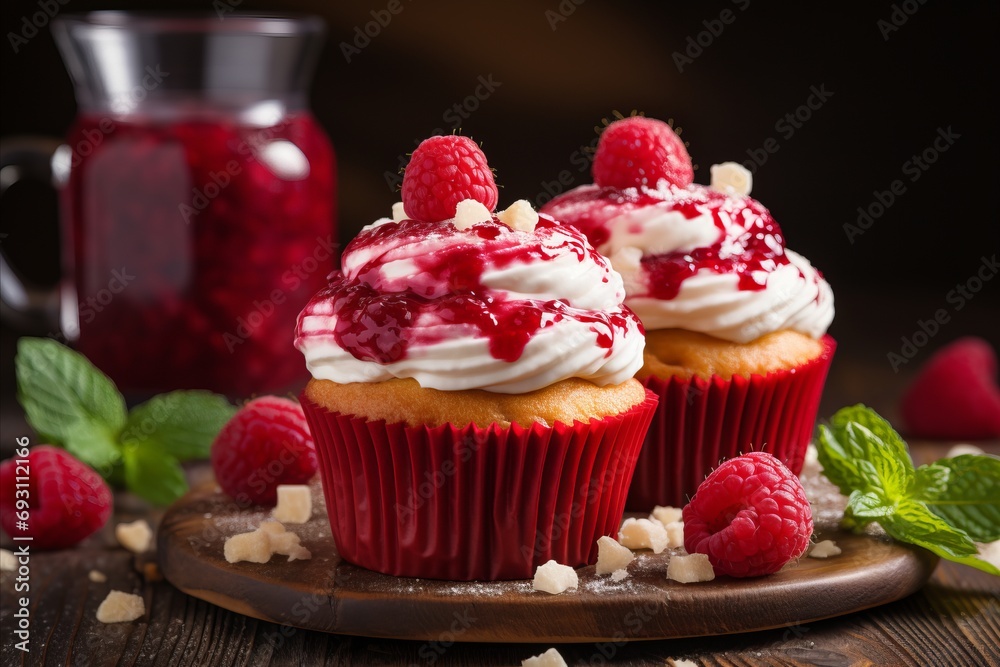 Delicious homemade raspberry muffins on blurred background with copy space for text placement