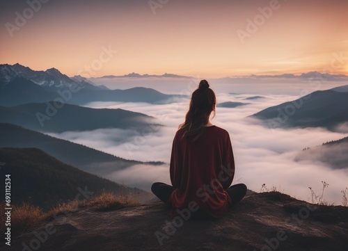 Young woman meditating at dawn on a mountain with panoramic views, back view, sunrise, foggy mountain 