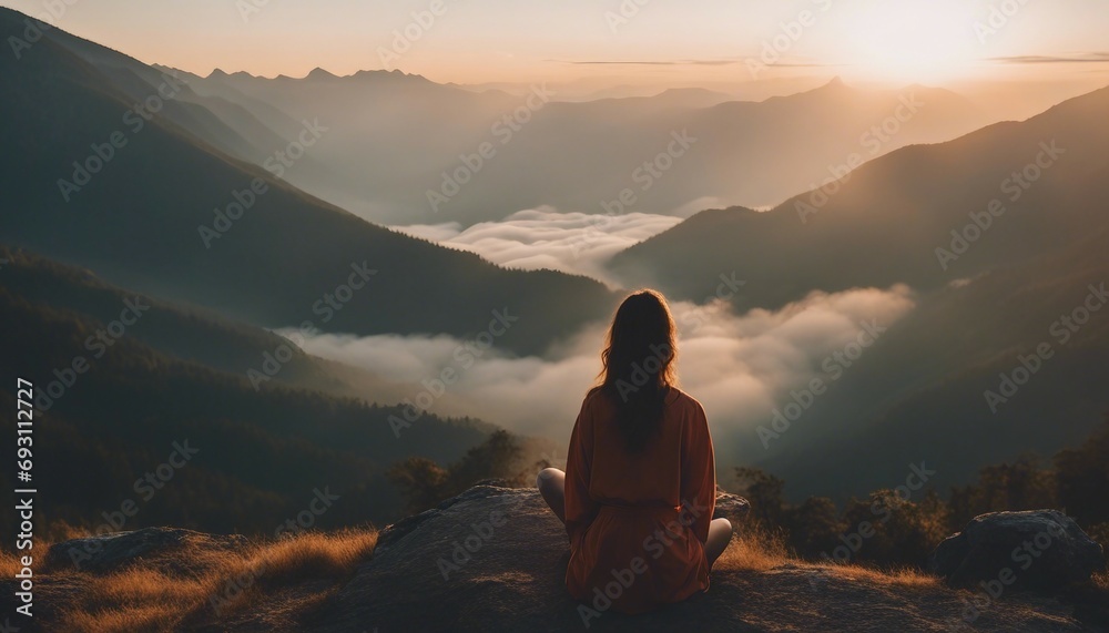 Young woman meditating at dawn on a mountain with panoramic views, back view, sunrise, foggy mountain
