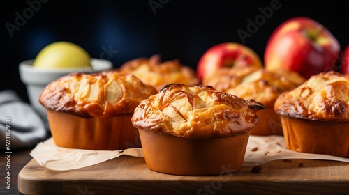 Homemade apple cinnamon muffins on blurred background, perfect dessert recipe concept