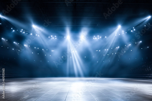 Free stage with lights. Event entertainment concept. Empty stage with blue spotlights. 