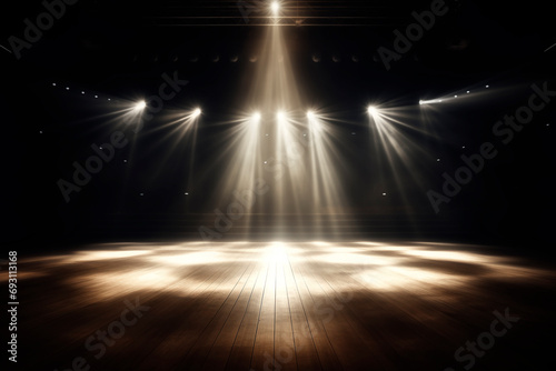 Деревянная сцена с синим дымом и точечными огнями. Концепция презентации