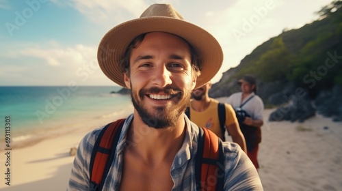close-up shot of a good-looking male tourist. Enjoy free time outdoors near the sea on the beach. Looking at the camera while relaxing on a clear day Poses for travel selfies smiling happy tropical #693113303