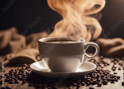 cup of filter coffee, coffee beans, sack, decorative background 