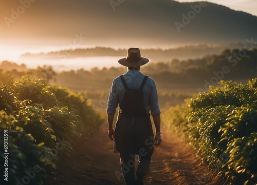 portrait of a farmer with hat through a downhill coffee field at sunrise

 photo