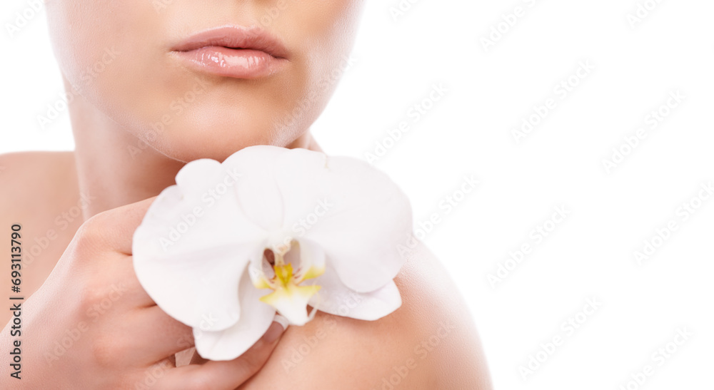 Woman, skincare and beauty with orchid in hand, studio and natural change for wellness by white background. Girl, model or person with flower, floral plant and growth with cosmetics, choice or health Woman, skincare and beauty with orchid in hand, studio and natural change for wellness by white background. Girl, model or person with flower, floral plant and growth with cosmetics, choice or health