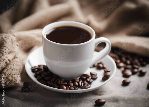 filter coffee in a porcelain cup, coffee beans, sack, decorative background 