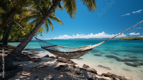 A hammock between two palm trees on a tropical beach, inviting relaxation and leisure in the shade during a hot summer day