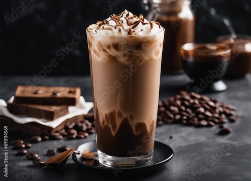 iced mocha latte on dark marble background


