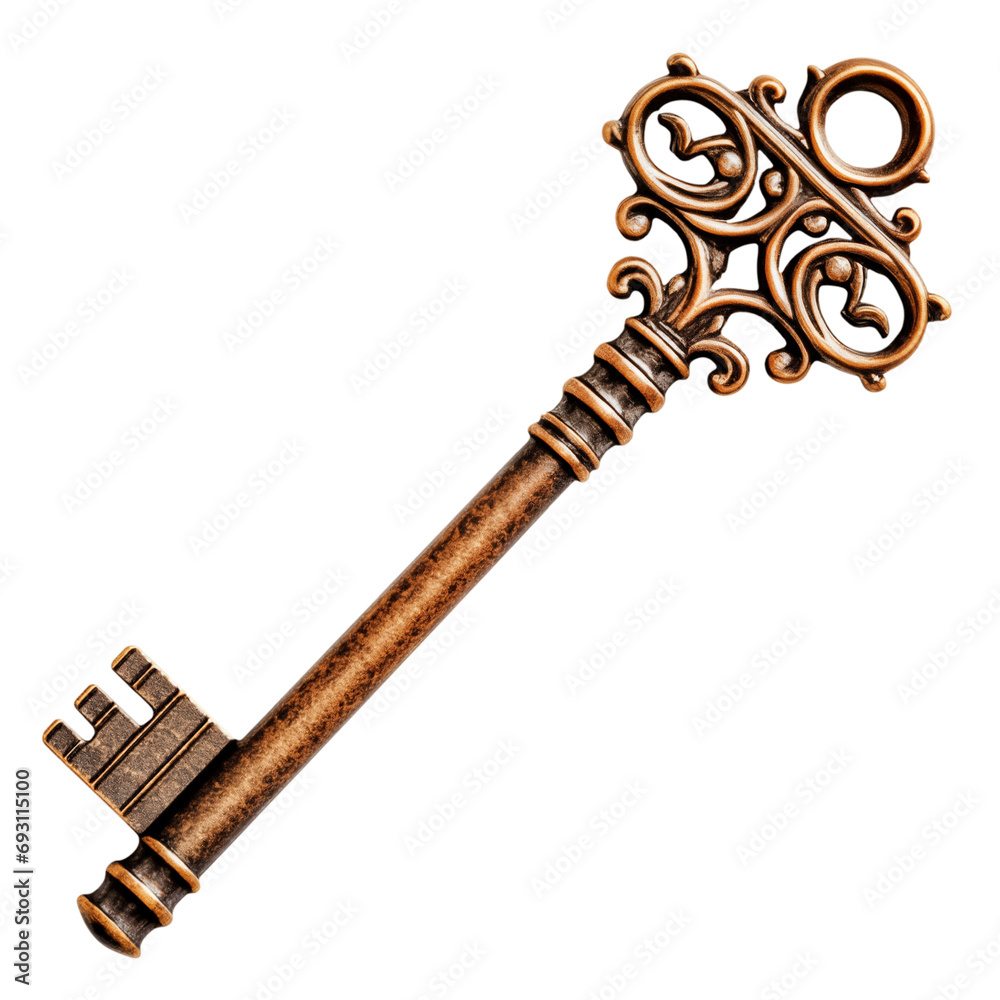 An orange key made of copper is cut out on a transparent background