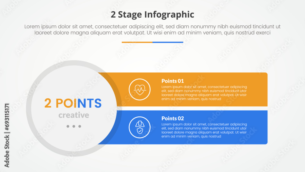 2 points stage template for comparison opposite infographic concept for slide presentation with big circle and sharp rectangle with flat style