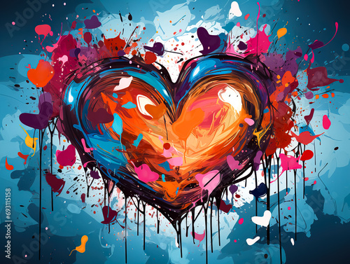 A heart drawn with paints of different colors on a dark background.