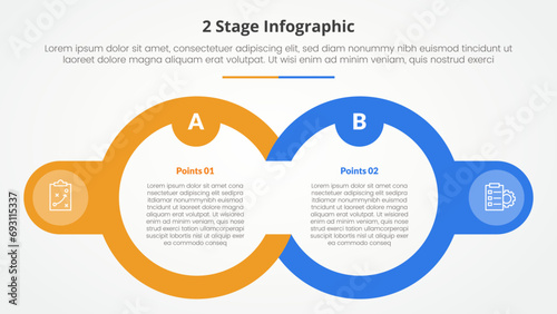 2 points stage template for comparison opposite infographic concept for slide presentation with big outline circle and badge on side with flat style photo