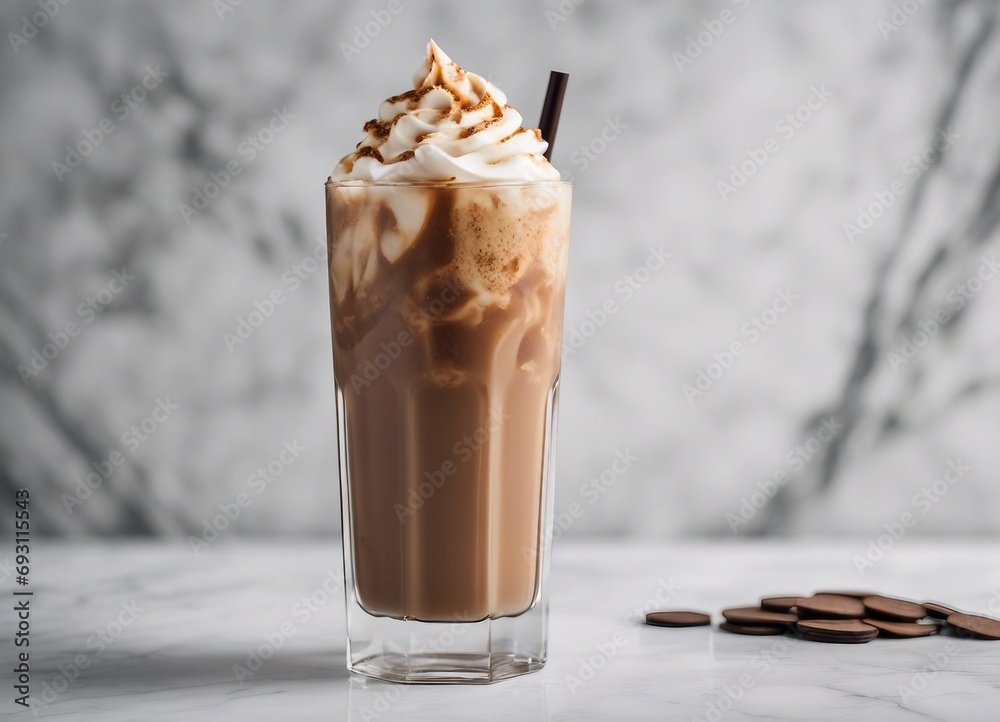 Close up view of iced mocha latte on white marble background