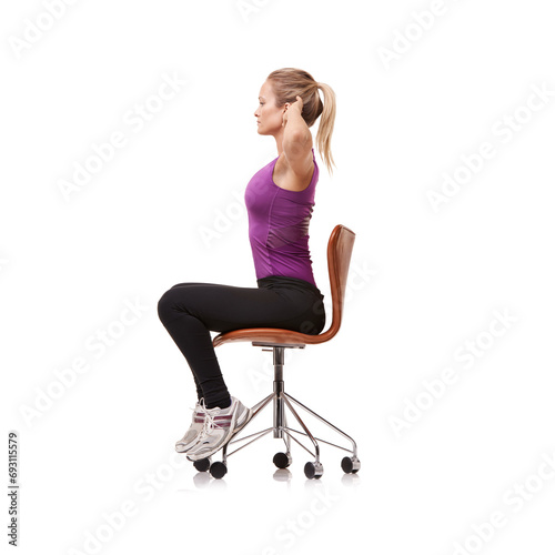 Office, chair and woman stretching for posture, health and fitness in white background or studio. Sitting, exercise and person training arms with seated core stretches or practice for wellness photo