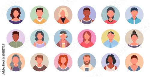 Collection of people portraits in circles. Male and female human profile face icons. Unknown or anonymous person.  People avatars vector illustration.
