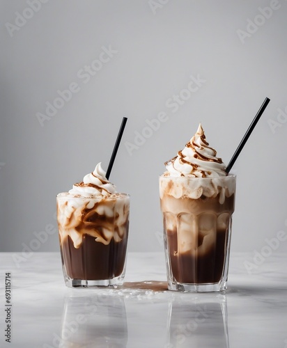 Close up view of iced mocha latte on white marble background

