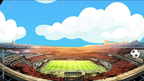 Dynamic illustration of a stadium with a game in session, vibrant crowds, and flying silhouettes against a sunset sky.