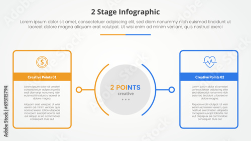2 points stage template for comparison opposite infographic concept for slide presentation with big outline table box with circle center with flat style photo