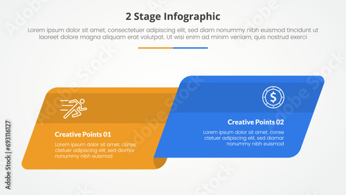 2 points stage template for comparison opposite infographic concept for slide presentation with skew round rectangle box side by side with flat style photo